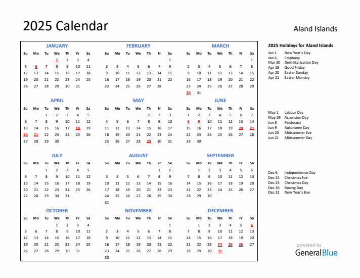 2025 Calendar with Holidays for Aland Islands