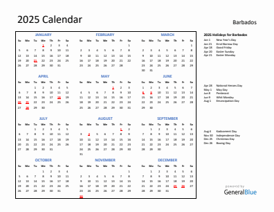 Barbados current year calendar 2025 with holidays