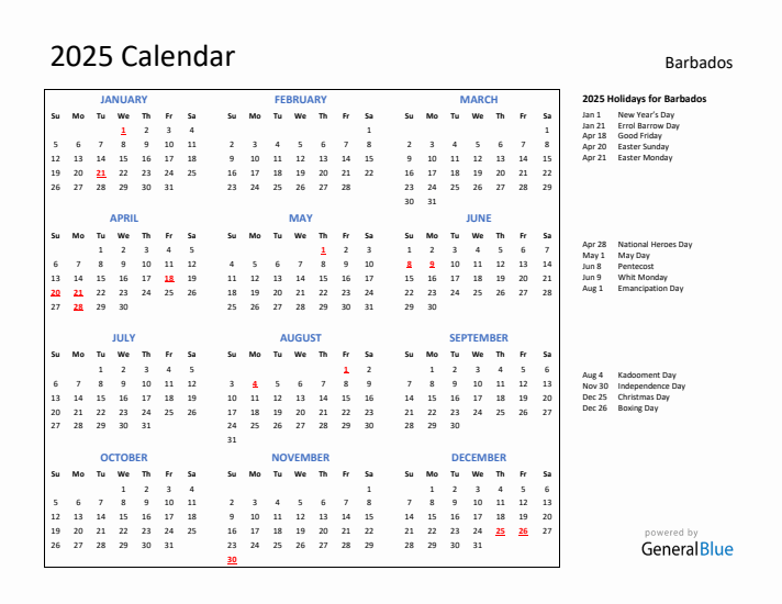 2025 Calendar with Holidays for Barbados