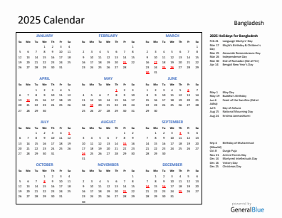 Bangladesh current year calendar 2025 with holidays