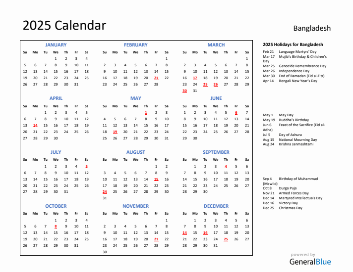 2025 Calendar with Holidays for Bangladesh