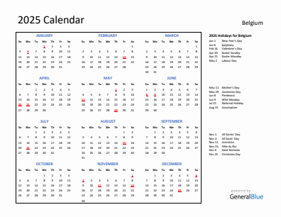 Belgium current year calendar 2025 with holidays