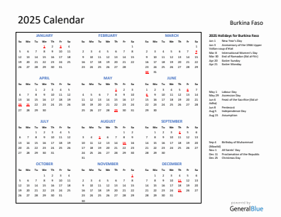 Burkina Faso current year calendar 2025 with holidays