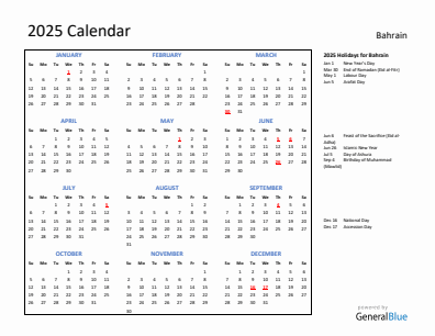 Bahrain current year calendar 2025 with holidays