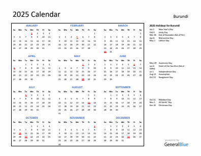 Burundi current year calendar 2025 with holidays