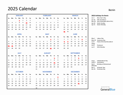 Benin current year calendar 2025 with holidays