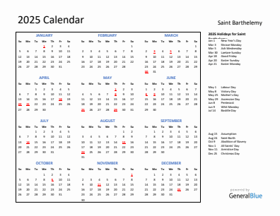 Saint Barthelemy current year calendar 2025 with holidays