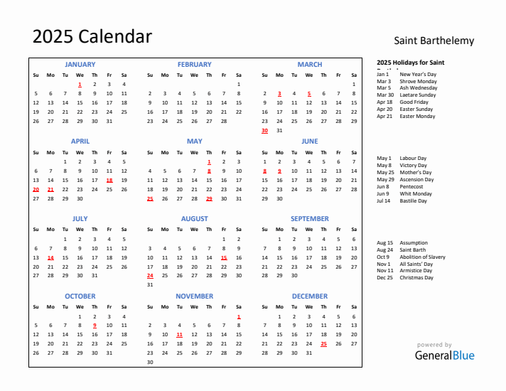 2025 Calendar with Holidays for Saint Barthelemy