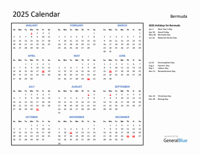 Bermuda current year calendar 2025 with holidays