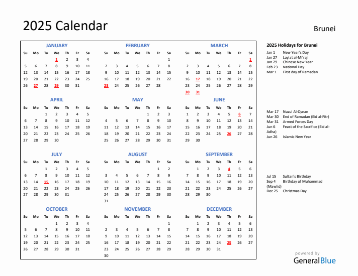 2025 Calendar with Holidays for Brunei