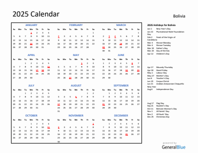 Bolivia current year calendar 2025 with holidays