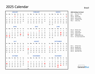 Brazil current year calendar 2025 with holidays