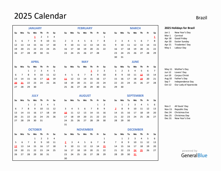 2025 Calendar with Holidays for Brazil