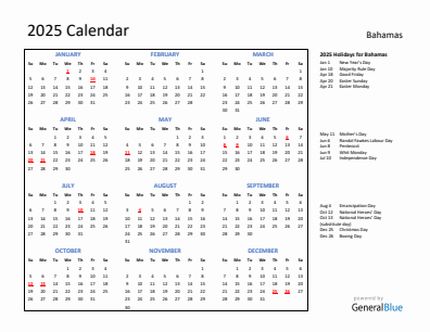 Bahamas current year calendar 2025 with holidays