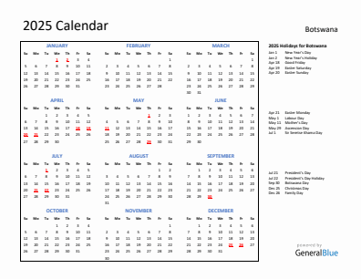 Botswana current year calendar 2025 with holidays