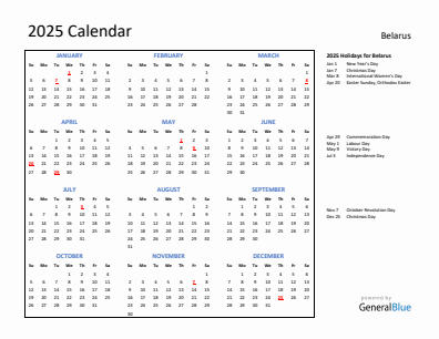 Belarus current year calendar 2025 with holidays