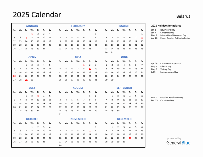 2025 Calendar with Holidays for Belarus