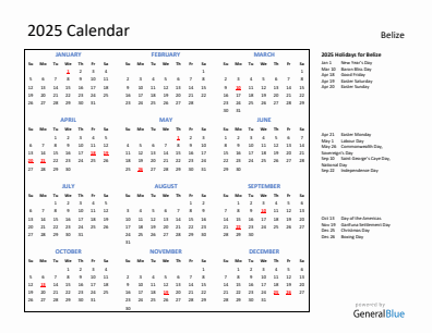 Belize current year calendar 2025 with holidays