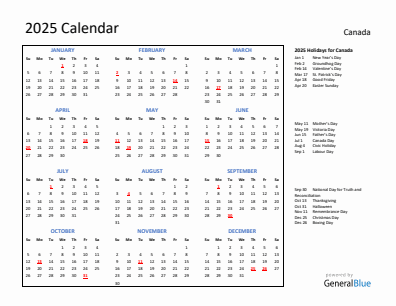 Canada current year calendar 2025 with holidays