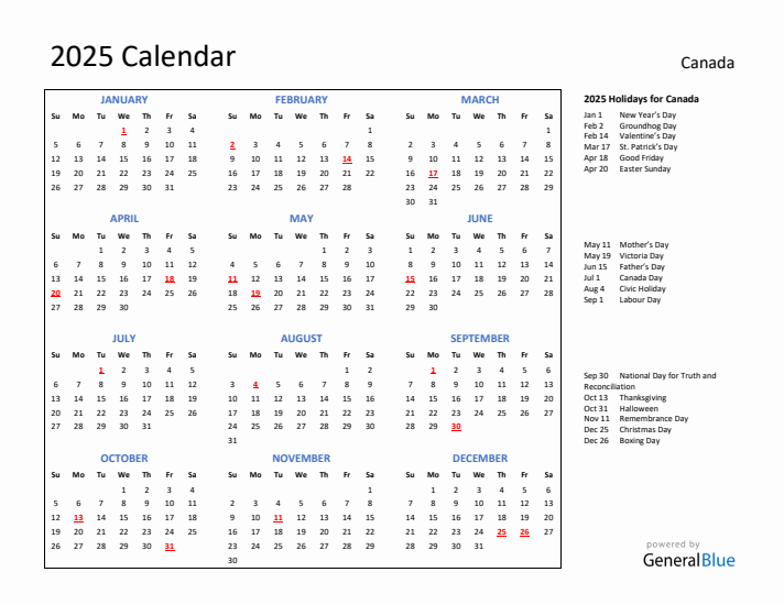 2025 Calendar with Holidays for Canada