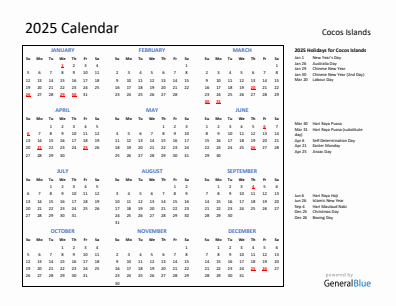 Cocos Islands current year calendar 2025 with holidays