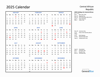 Central African Republic current year calendar 2025 with holidays