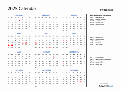 Switzerland current year calendar 2025 with holidays