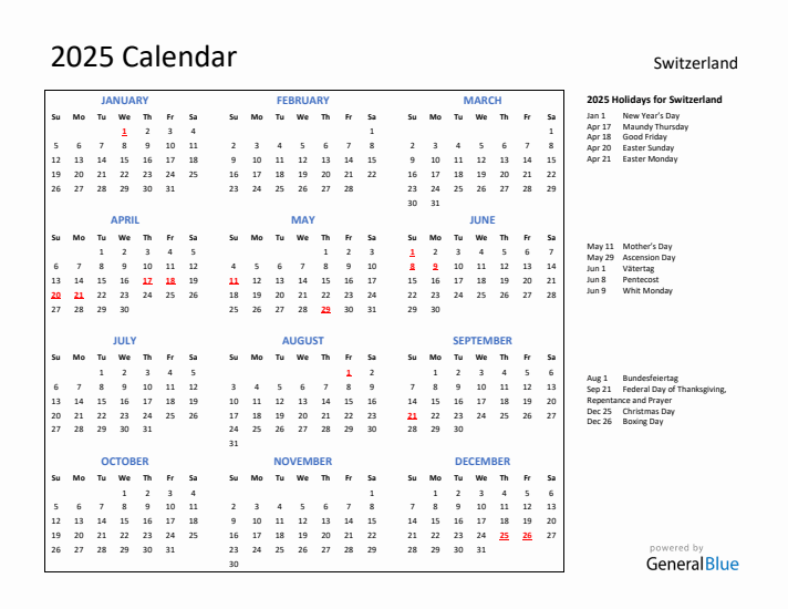 2025 Calendar with Holidays for Switzerland