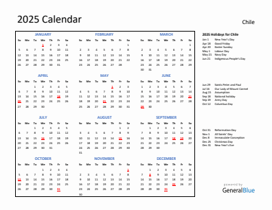 Chile current year calendar 2025 with holidays