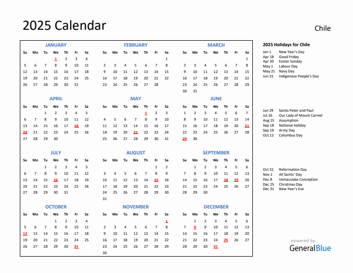 2025 Calendar with Holidays for Chile