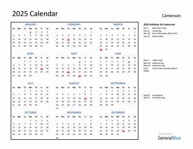 Cameroon current year calendar 2025 with holidays