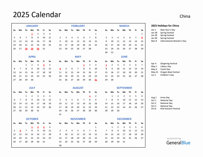 2025 Calendar with Holidays for China