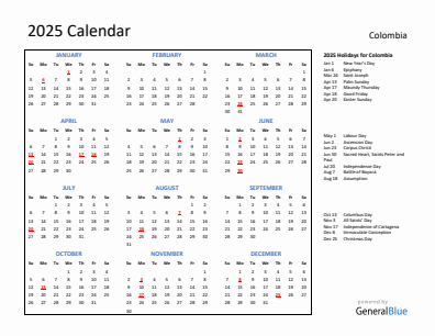 Colombia current year calendar 2025 with holidays