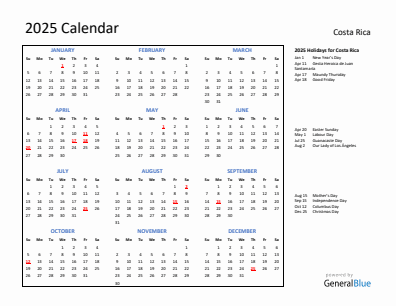 Costa Rica current year calendar 2025 with holidays