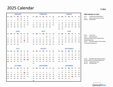 Cuba current year calendar 2025 with holidays