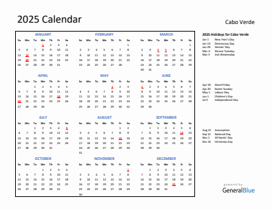 Cabo Verde current year calendar 2025 with holidays