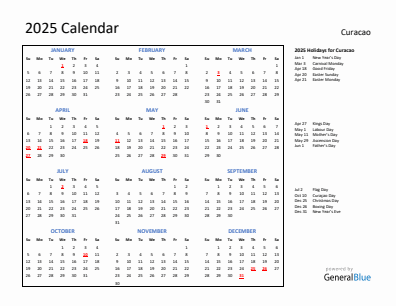 Curacao current year calendar 2025 with holidays