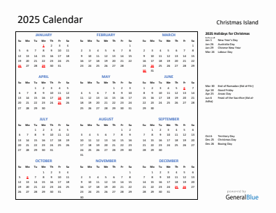 Christmas Island current year calendar 2025 with holidays