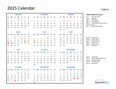 Cyprus current year calendar 2025 with holidays