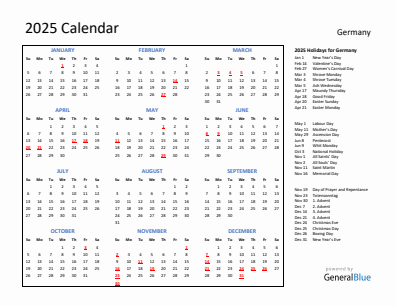 Germany current year calendar 2025 with holidays