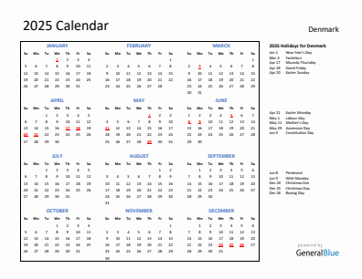 Denmark current year calendar 2025 with holidays