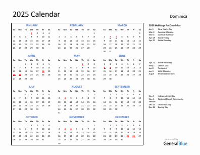 Dominica current year calendar 2025 with holidays