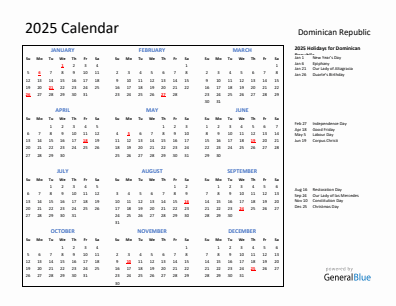 Dominican Republic current year calendar 2025 with holidays