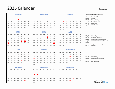 Ecuador current year calendar 2025 with holidays