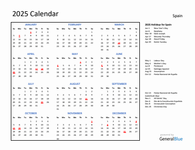 Spain current year calendar 2025 with holidays