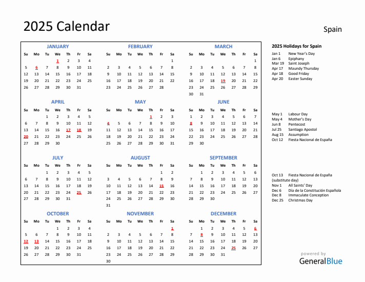 2025 Calendar with Holidays for Spain