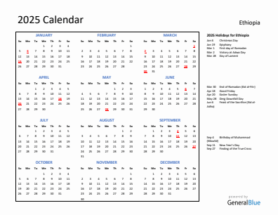 Ethiopia current year calendar 2025 with holidays