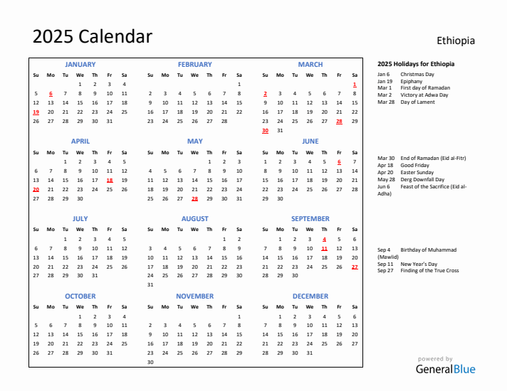 2025 Calendar with Holidays for Ethiopia