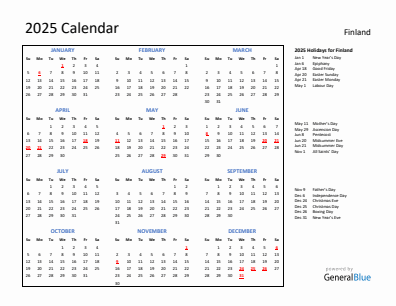 Finland current year calendar 2025 with holidays