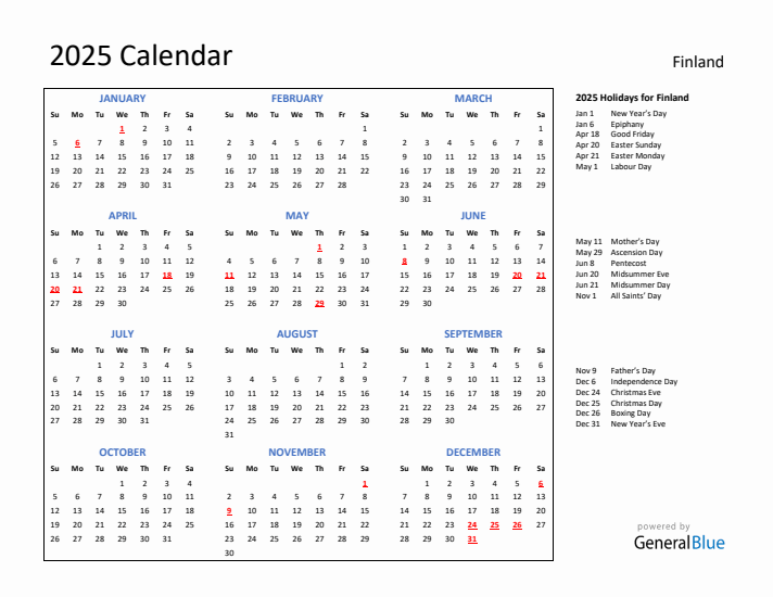 2025 Calendar with Holidays for Finland